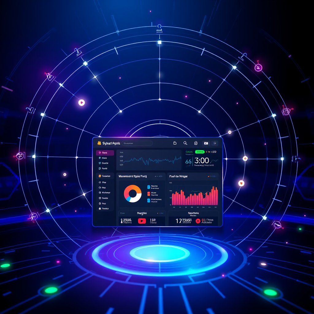 A stylized image depicting a radar screen with various pings representing mentions of the brand across different online platforms. A central dashboard displays real-time analytics and sentiment analysis. The background is a dark, futuristic design with glowing lines connecting the different data points. The lighting is cool and sophisticated, emphasizing the technology. The color palette is primarily blue and purple, with pops of green and orange highlighting key data points. The camera angle is a wide shot, showing the complexity of the network. Style Reference: A blend of data visualization and cybersecurity UI design. Technical Specs: 4K Resolution, High Quality.
