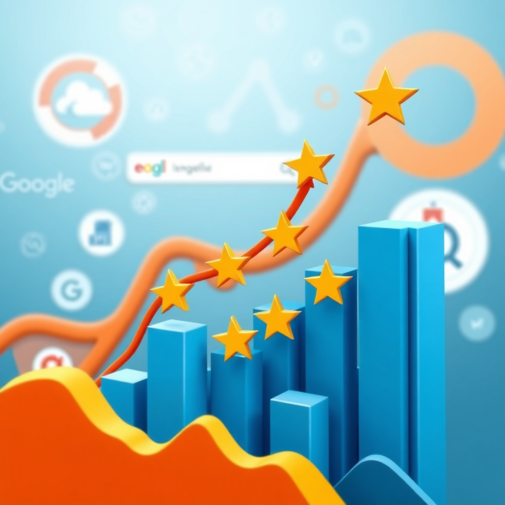 A stylized image depicting a website climbing up in search engine results, propelled by positive customer reviews. The background includes search engine icons. Bright, energetic colors. 4K resolution, high quality.