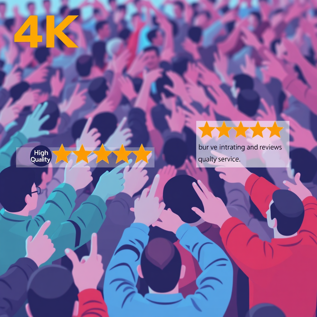 A stylized image of a crowd of people pointing towards a product or service, with positive ratings and reviews displayed prominently. The color palette is vibrant and energetic. Technical specs: 4K resolution, high quality.