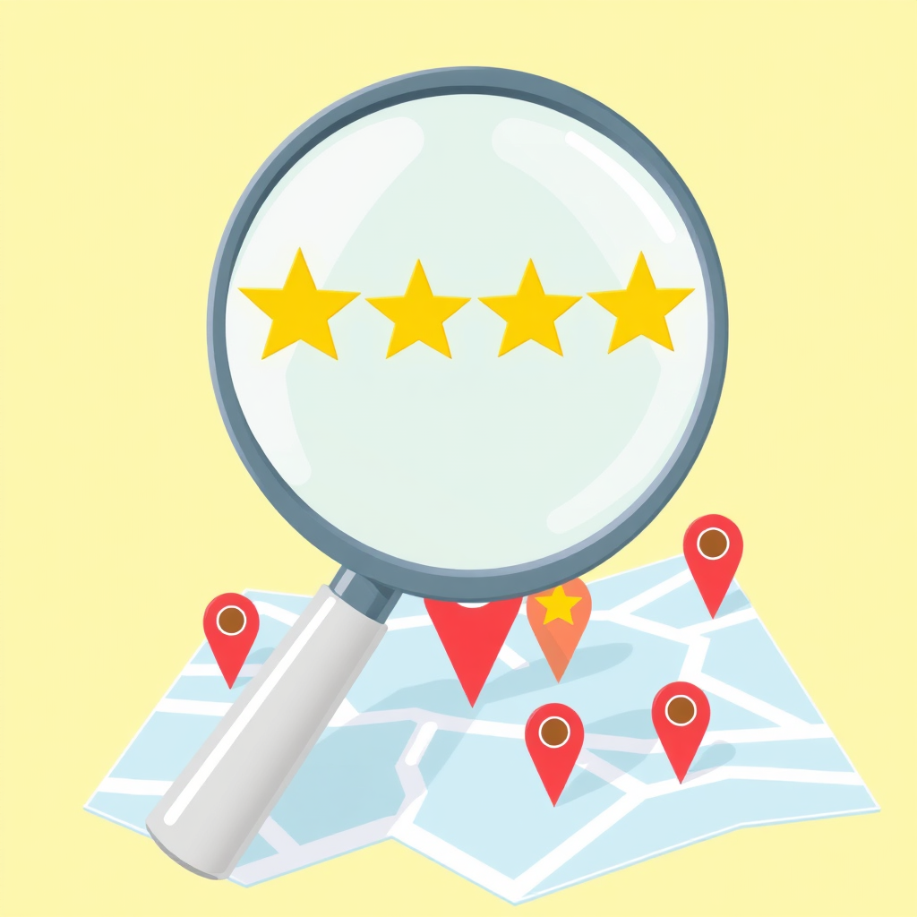A stylized image of a magnifying glass hovering over a map with location pins, highlighting positive customer reviews on various online platforms. The color palette is bright and optimistic. Technical specs: 4K resolution, high quality.