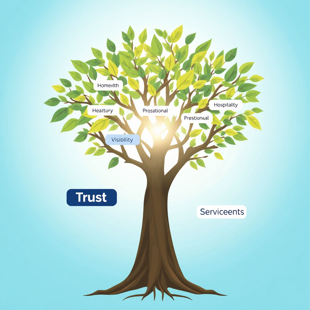 A stylized image representing a tree with roots labeled 'Trust' and branches labeled 'Visibility' and 'Clients'. Sunlight filters through the branches, illuminating leaves representing different service sectors (home, health, hospitality, professional). The background is a clean, abstract gradient of blues and greens. The style is modern and minimalist, conveying growth and stability. Rendered in 4K resolution with crisp details and a focus on positive, uplifting colors.