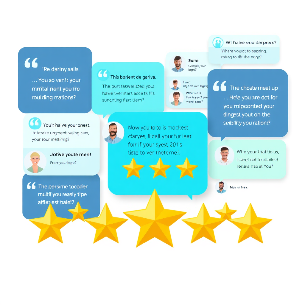 A stylized image showcasing a collage of positive testimonials and five-star ratings. The design should be clean, modern, and visually appealing. Use a color palette of calming blues and greens. Style: blend graphic design with UI/UX elements. 4K resolution, high quality.