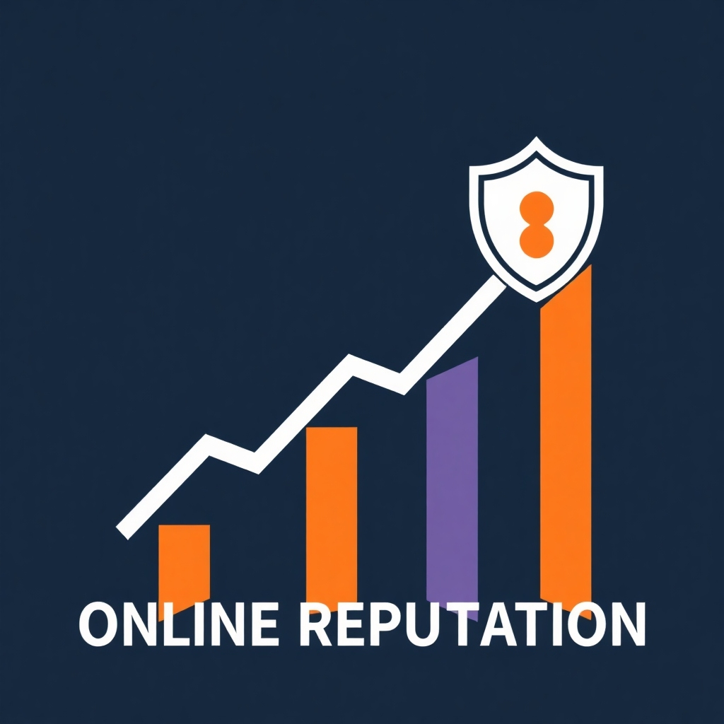 A stylized image showing a graph trending upwards, with a shield icon prominently placed over it, representing growth and protection of online reputation. Use bold, clean lines. The background should be minimal