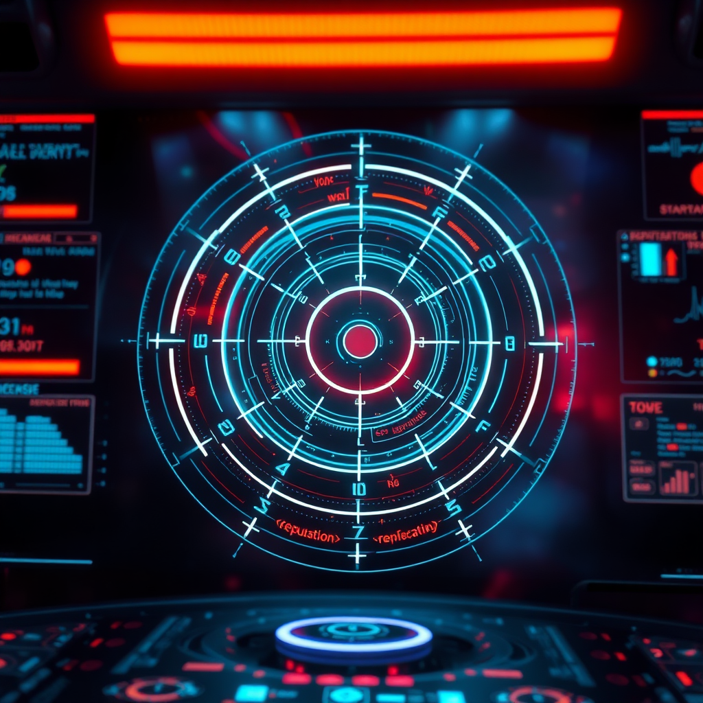 A visual metaphor of a radar screen actively scanning and identifying potential reputation threats and opportunities. Use futuristic UI elements and vibrant colors to convey vigilance and proactivity. Rendered in 4K resolution.