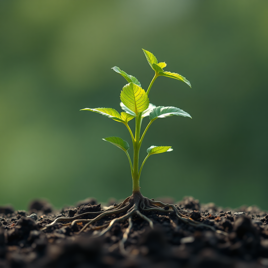 A visual representation of a growing plant with roots deeply embedded in the ground, symbolizing a sustainable and strong reputation. Use natural lighting and earthy tones to convey growth and stability. Rendered in 4k resolution.