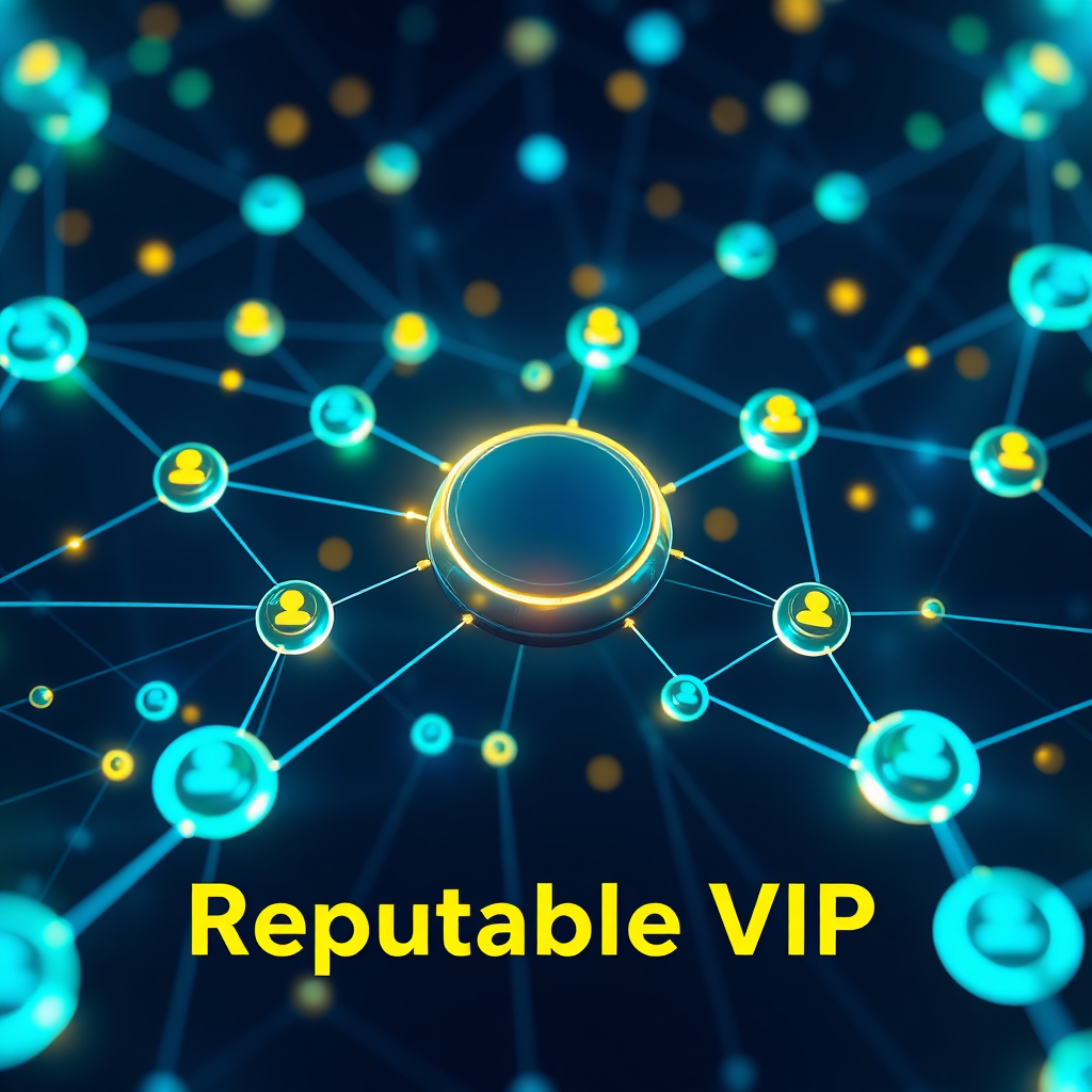 A visually compelling image representing Reputable VIP's mission. The scene depicts a network of interconnected glowing nodes, each representing a customer review. These nodes are connected to a central hub, symbolizing a website or marketing platform. The colors are vibrant and energetic, with a focus on blues, greens, and yellows to convey trust, growth, and positivity. The lighting is soft and diffused, creating a sense of warmth and authenticity. The camera angle is slightly overhead, giving a sense of scale and interconnectedness. Texture details should emphasize the sleekness of the digital network and the human element of customer reviews. The environment is clean and modern, suggesting innovation and progress. The style is a blend of photorealistic and stylized elements, inspired by modern tech branding. Technical specs: 4K resolution, high quality, visually engaging.