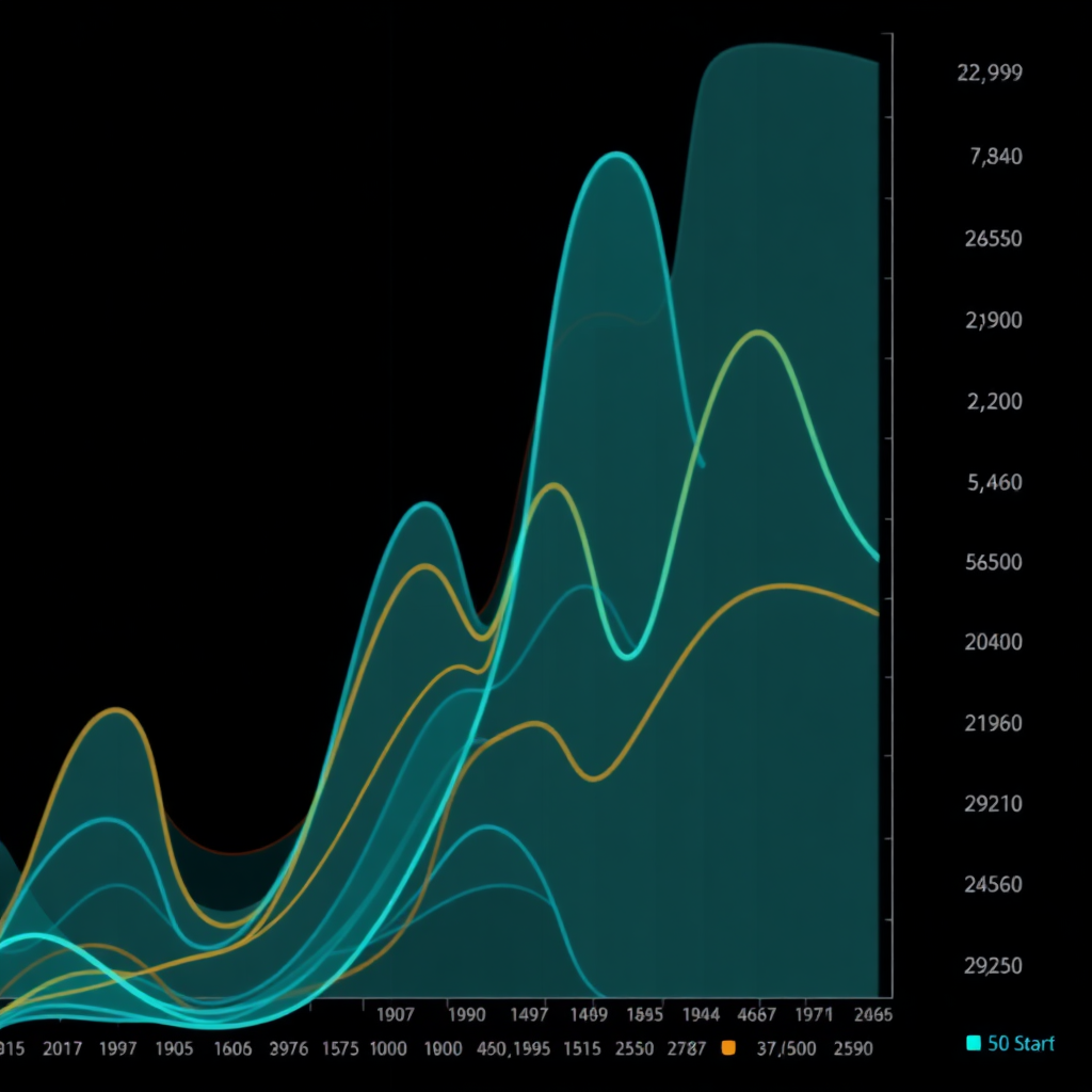 Abstract data visualization representing the analysis of online reviews. The visualization should show trends and patterns, with different colors representing different sentiment scores. Clean, modern design, 4K resolution, high contrast.