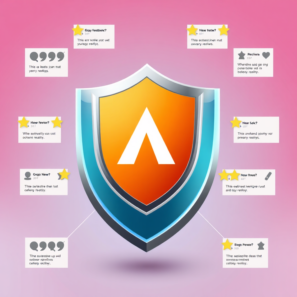 An image depicting a shield protecting a company logo from negative feedback, with positive reviews surrounding the shield. The colors are balanced, conveying both security and positivity. 4K resolution, high quality.