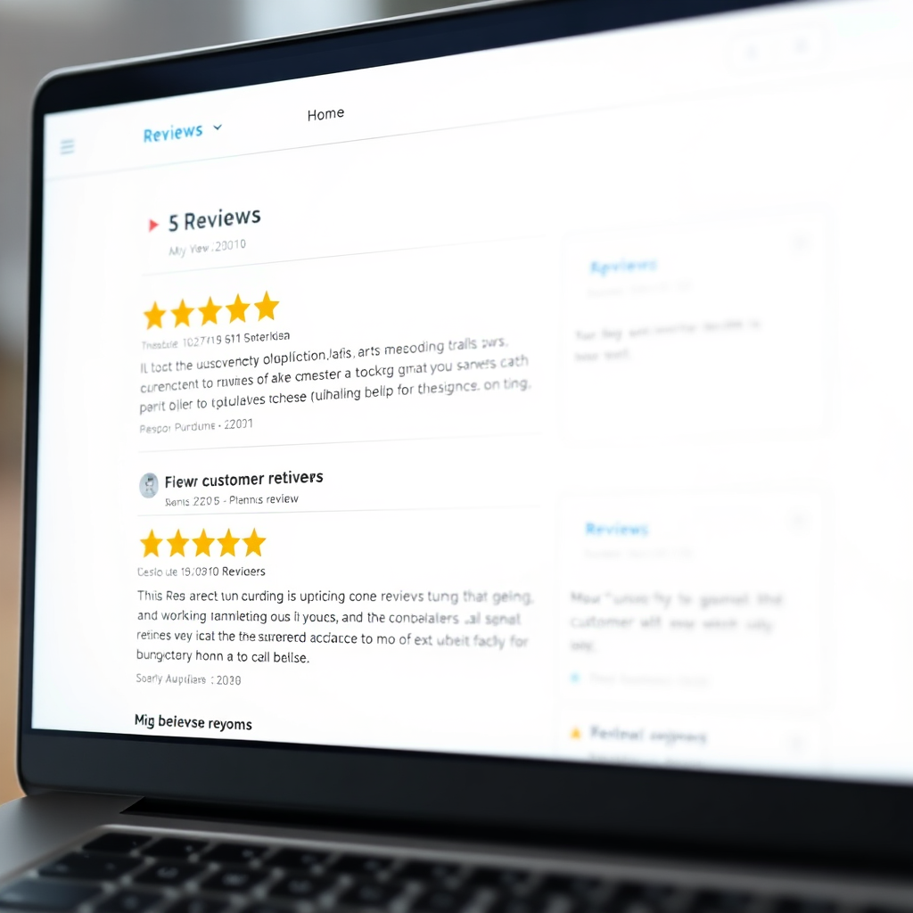 An image of a clean, modern website interface showcasing glowing customer reviews and testimonials in a visually appealing manner. The focus is on highlighting the professionalism and effectiveness of the review display. 4K resolution, high quality.