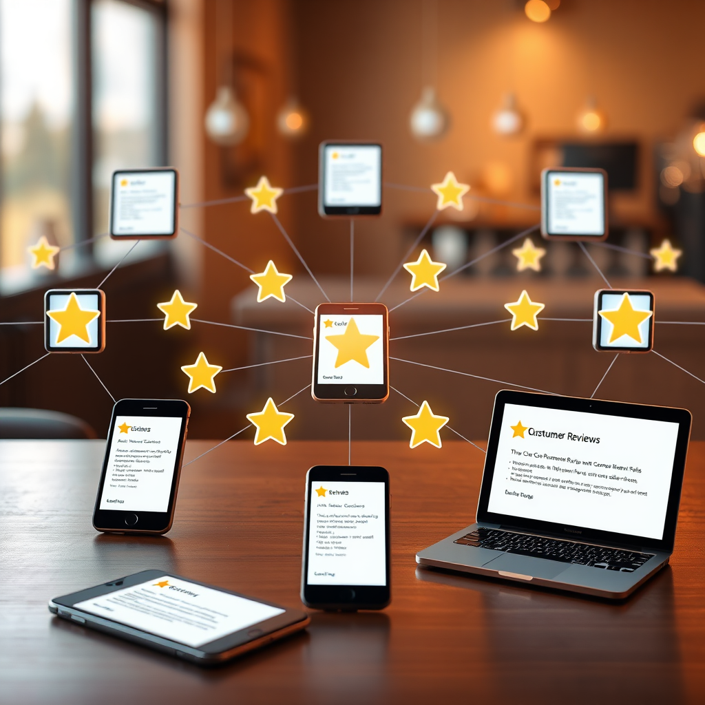 An image showing a network of interconnected devices (smartphones, tablets, laptops) displaying positive customer reviews converging towards a central point, symbolizing the collection of reviews from various sources. Warm and inviting lighting. 4K resolution, high quality.