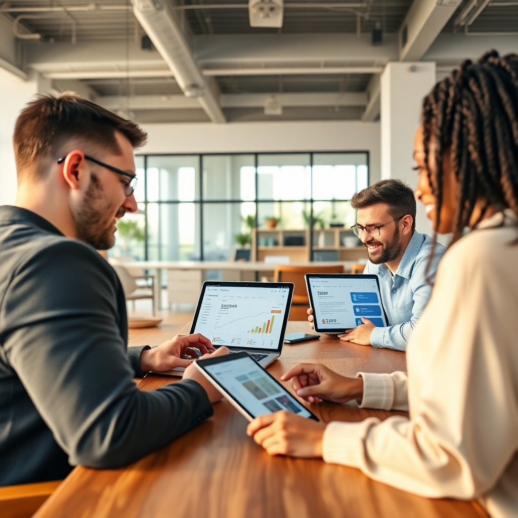 Create a photorealistic 4K image depicting a team of diverse professionals collaboratively working on digital devices in a modern, open-plan office. The environment should be bright and airy, with a minimalist design. The color palette should be warm and inviting, incorporating natural lighting and muted colors, and the overall mood should be positive and collaborative.  The composition should showcase the team working together on projects, with laptops and tablets displaying website analytics, online reviews, and social media engagement data. The camera angle should be slightly elevated, showing the team and their workspace. Focus on realistic textures, such as the soft glow of computer screens and the textures of wood furniture and natural materials.  Use a style similar to corporate photography focusing on collaboration. The image should evoke a feeling of teamwork, success, and a positive business environment.