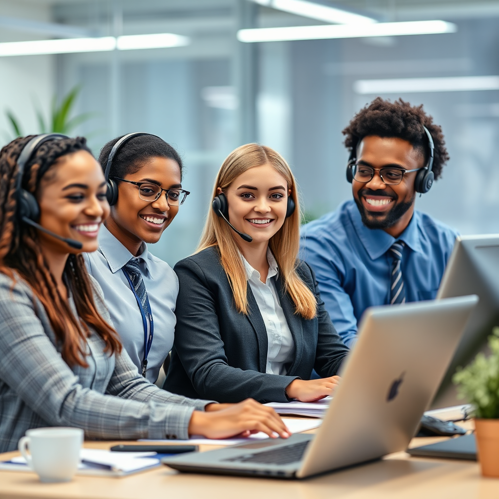 Create a photorealistic image of a diverse team of customer service professionals working collaboratively in a modern office setting. Focus on their expressions of empathy and attentiveness. The overall tone is professional and supportive.