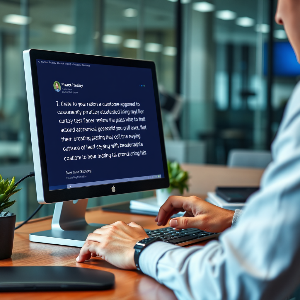 Create a photorealistic image of a person typing a thoughtful response to a customer review on a computer. The image should convey professionalism and empathy. The background should be a modern office setting, suggesting expertise.