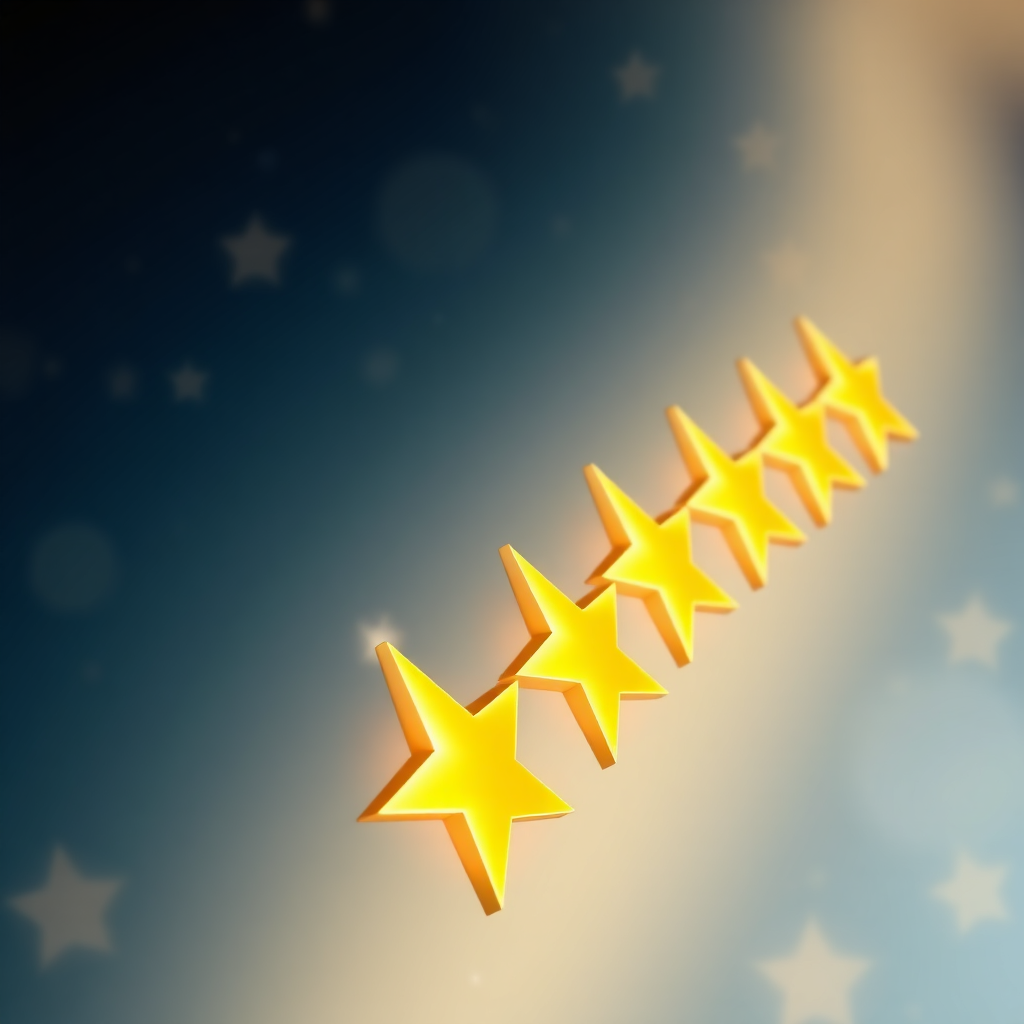 Create a photorealistic image of a star rating display filled with five-star reviews. Each star is brightly illuminated, with subtle particles of light emanating from them. The background is a soft, blurred gradient of blue and gold. Style reference: Clean, modern design with emphasis on positive feedback. Technical specs: 4K resolution, high quality, photo-realistic.