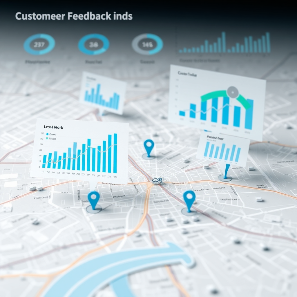 Create a photorealistic image showcasing data charts and graphs overlaid on a map of a city, representing customer feedback and location. The charts should be dynamic and visually appealing. Use a cool color palette to convey a sense of data analysis.