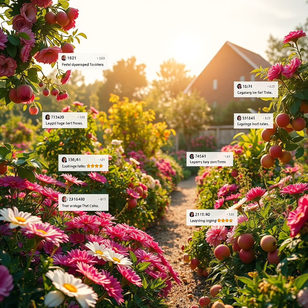Create a photorealistic image of a thriving business, depicted as a lush garden with blooming flowers and abundant fruit. Customer reviews are subtly incorporated into the landscape as supportive elements, like sunlight and water. The overall tone is optimistic and prosperous.