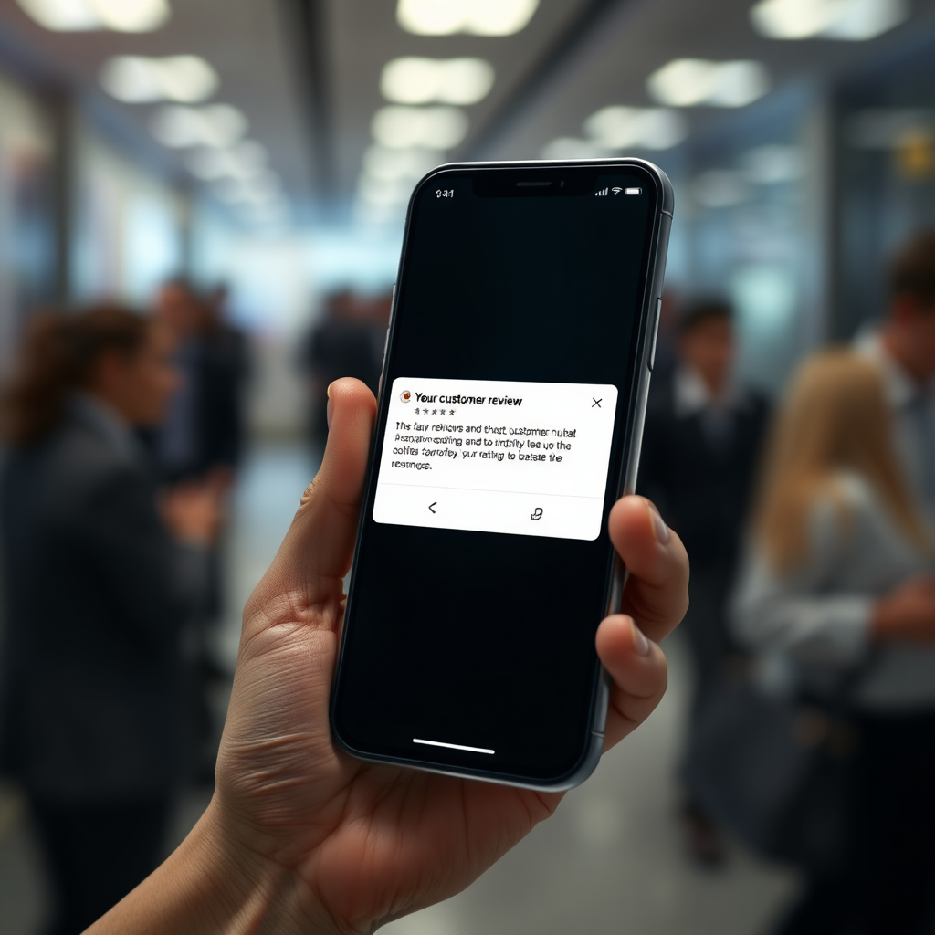 Create a photorealistic image depicting a smartphone displaying a positive customer review notification popping up on the screen. The background should be blurred, suggesting a busy professional environment. Focus on the phone screen and the clarity of the notification. Lighting should highlight the alert. The overall tone is fast-paced, conveying immediacy.