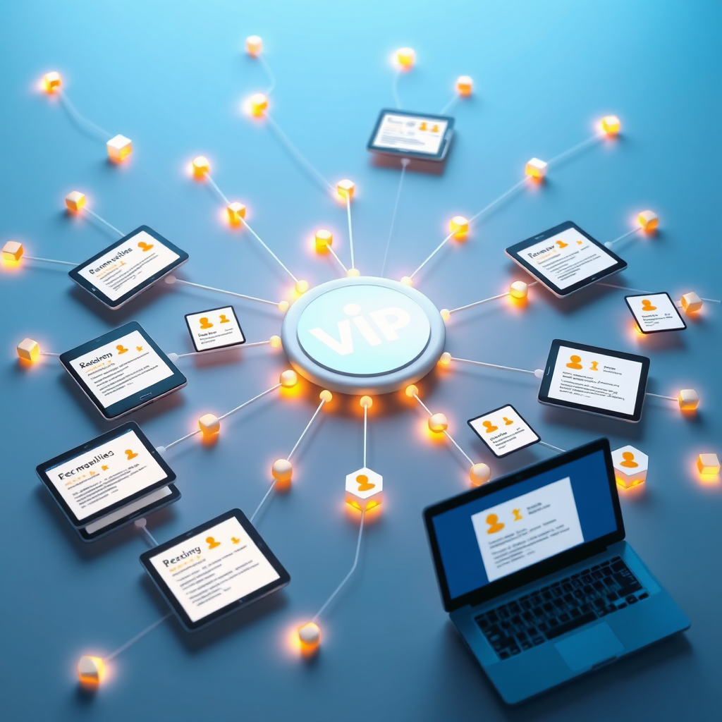 Create a photorealistic image symbolizing the mission of Reputable VIP. The scene showcases a network of interconnected devices (smartphones, tablets, laptops) displaying positive customer reviews. Each review acts as a node in the network, radiating light and connecting to a central hub representing the business. The color palette is primarily blue and gold, conveying trust and excellence. Soft, ambient lighting emphasizes the glow of the reviews. Camera angle: aerial view, capturing the entire network. Textures should be crisp and detailed, showcasing the clarity of the displayed content. The environment is a clean, minimalist digital space. Style reference: Modern, technologically advanced, and trustworthy. Technical specs: 4K resolution, high-quality rendering.
