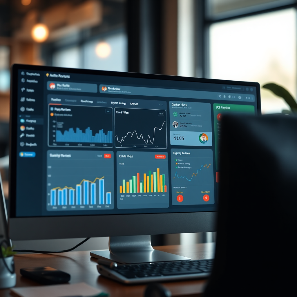 Create a photorealistic image of a computer screen displaying a dashboard that tracks online reviews in real-time. The dashboard should be visually appealing and easy to understand, with clear graphs and charts. Focus on the real-time updates and comprehensive data.