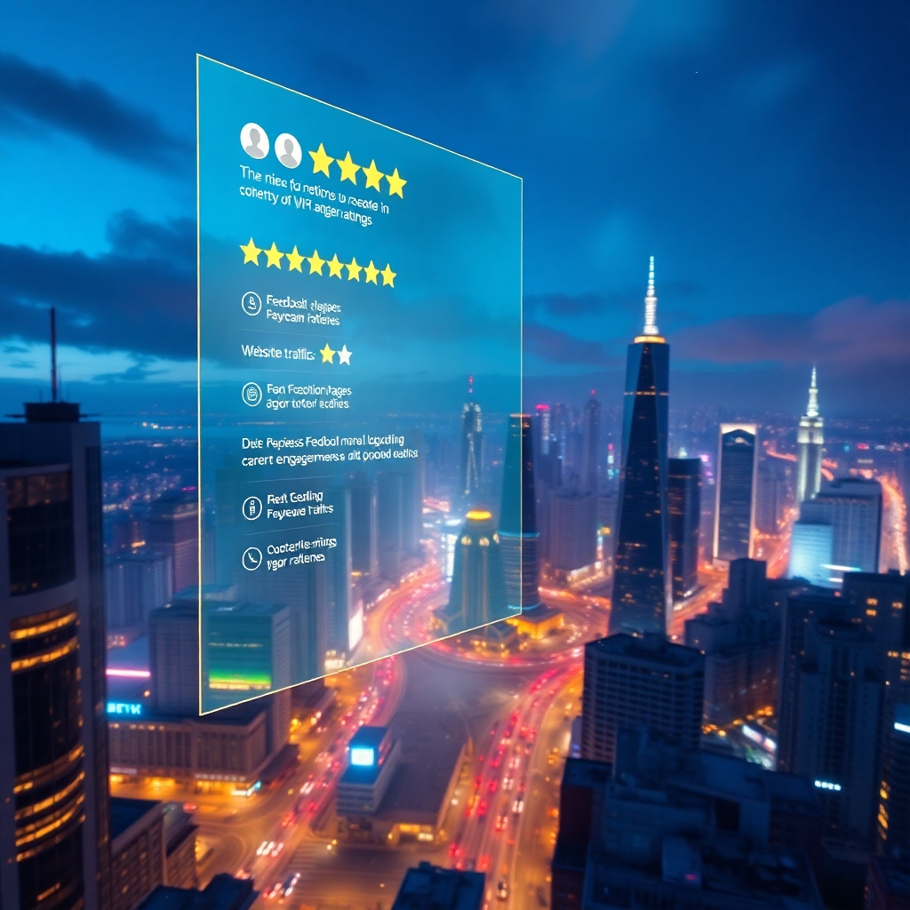 Create a photorealistic, ultra-high-quality 8K resolution image. The scene should depict a bustling cityscape at night, viewed from a high vantage point.  Dominating the foreground is a large, transparent holographic display showcasing a dynamic stream of positive online reviews and ratings.  The display features a sleek, modern design and incorporates interactive elements, with glowing icons representing feedback pages, social media engagement, and website traffic.  The color palette should be rich and vibrant, with cool blues and purples dominating the night sky, contrasted by warm golds and oranges emanating from the holographic display and city lights. Subtle atmospheric effects, such as fog or haze, should add depth to the image. The overall texture should be smooth, with a focus on the sleek, modern aesthetic of the holographic display.  The camera angle should be slightly elevated, providing a wide view of the cityscape. Relevant props include the holographic display and various city lights, including skyscrapers and moving vehicles. The style should be inspired by futuristic cyberpunk aesthetics, but with a clean and sophisticated feel.  The image should evoke a sense of dynamism, progress, and trustworthiness, reflecting the nature of Reputable VIP's services. The lighting conditions should be a blend of natural ambient city lighting and the luminescence from the holographic display.