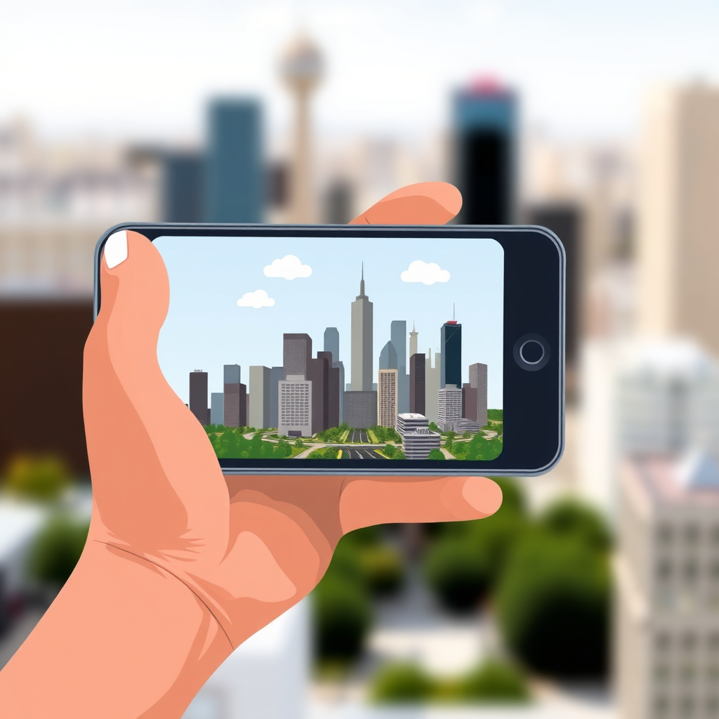 Create a stylized image of a hand holding a smartphone with a miniature version of a city skyline displayed on the screen. The city represents the business, and the hand symbolizes professional management.