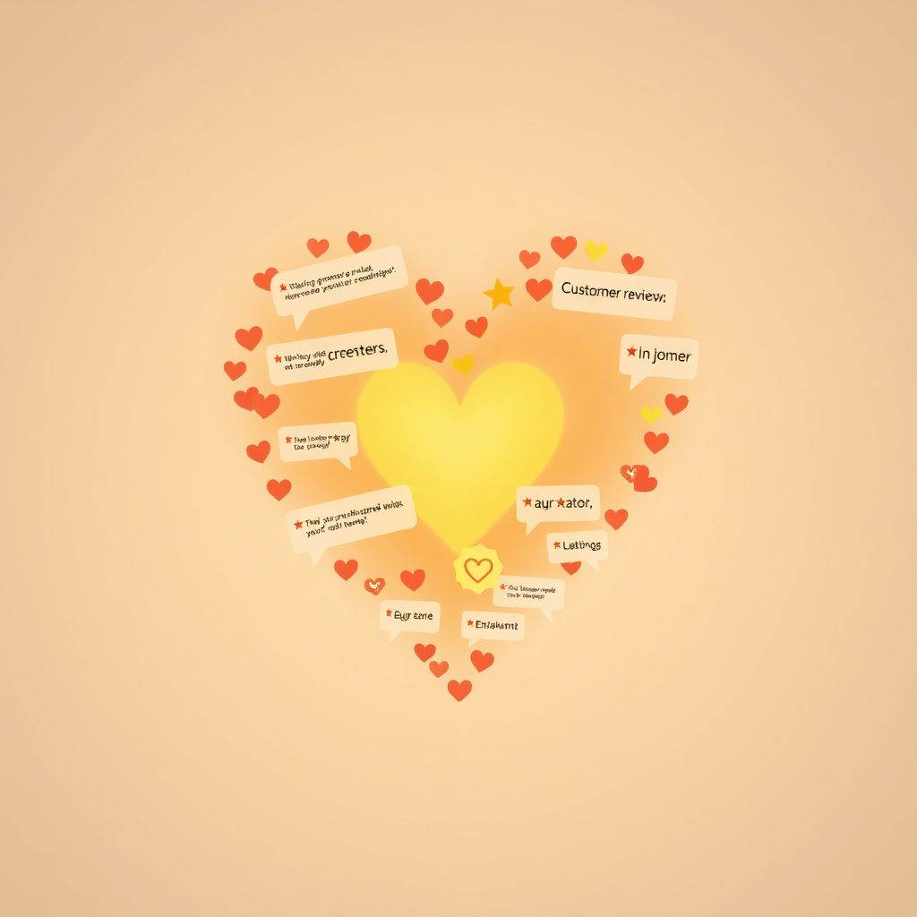 Create a stylized image of a heart shape formed by intertwined customer review comments. The heart should be glowing with warmth, symbolizing strong customer relationships. The background should be soft and inviting.