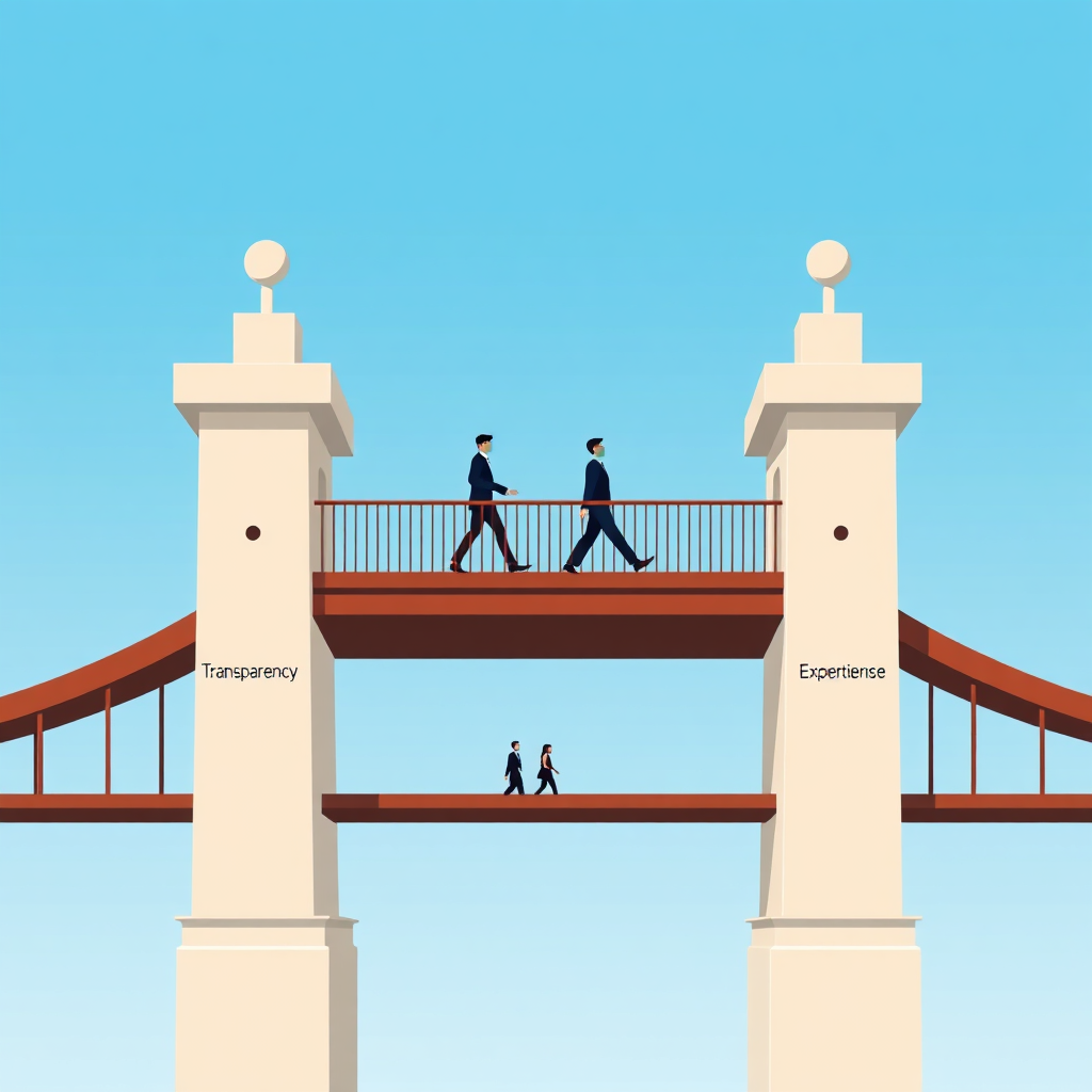 Create a stylized image of a strong, stable bridge supported by pillars labeled 'Transparency,' 'Consistency,' and 'Expertise.' On the bridge, figures representing clients walk confidently. The background is a clear, blue sky. Style reference: Minimalist graphic design. Technical specs: 4K resolution, high quality, vector illustration.