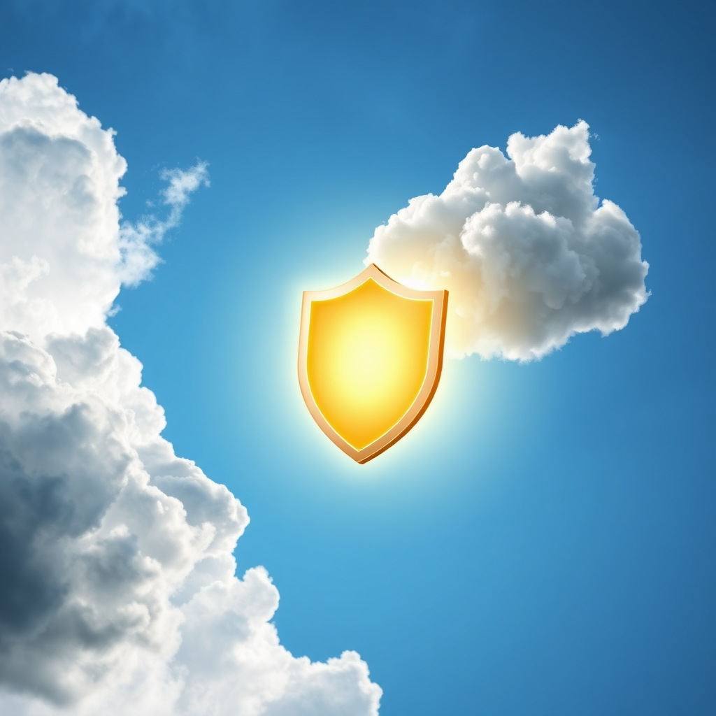 Create a stylized image showcasing a shield icon deflecting negative reviews represented as storm clouds. The shield should be brightly lit, symbolizing protection. The background should feature a clear blue sky emerging from behind the dispersing clouds. This symbolizes turning negative feedback into a positive outcome. 