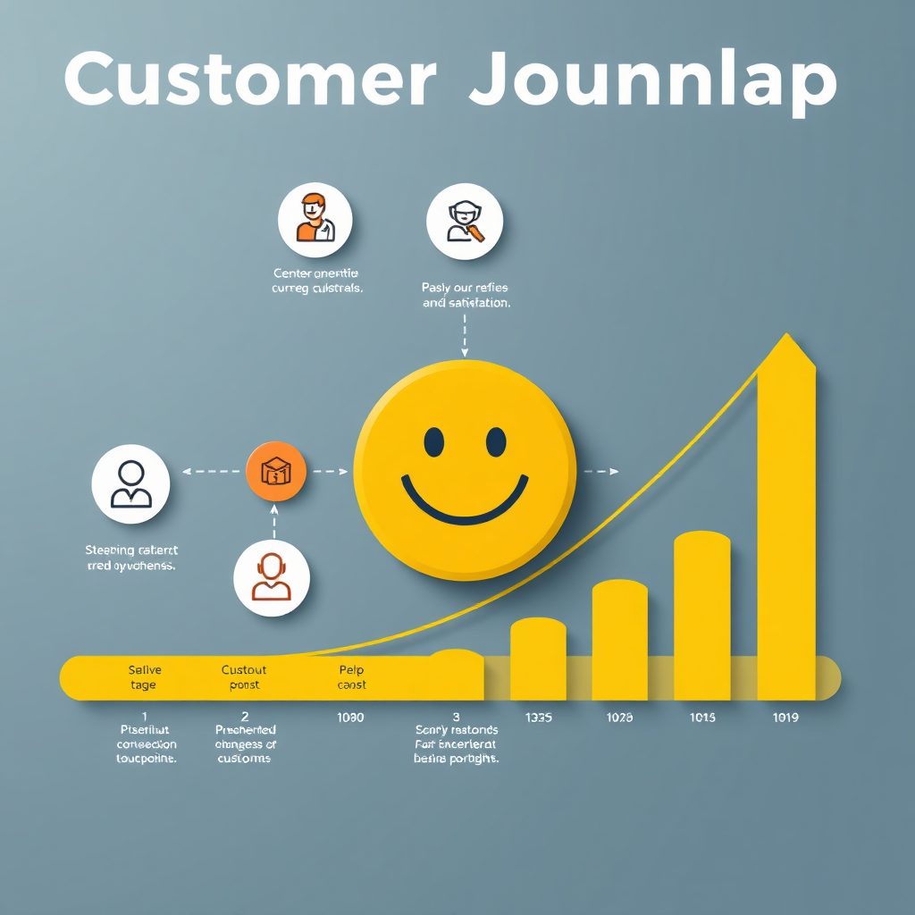 Create a visual representation of a customer journey map, highlighting key touchpoints and customer interactions. Use icons to represent various stages (e.g., purchase, support, review). Illustrate how positive changes at each touchpoint lead to increased customer satisfaction, represented by a rising smiley face graph. Technical specs: 4K resolution, high quality rendering.