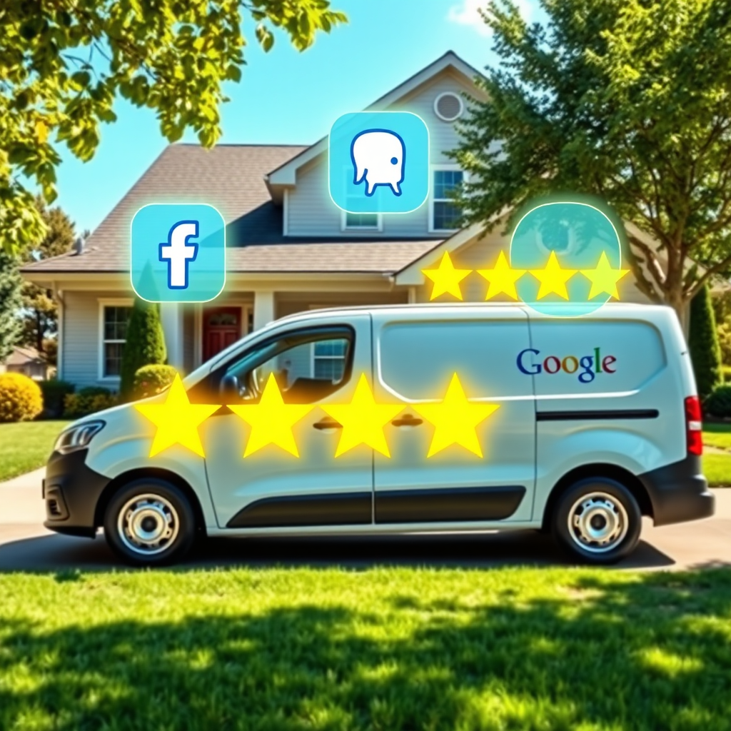 Create a visually appealing image depicting a home service professional's van parked in front of a house with a pristine yard. Overlay the van with glowing social media icons (Facebook, Google, Yelp) and positive review stars. The scene is set during a sunny afternoon, with a focus on the cleanliness and professionalism of the van and the welcoming appearance of the home. The color palette consists of vibrant blues and greens to convey trust and reliability. Camera angle should be a medium shot.