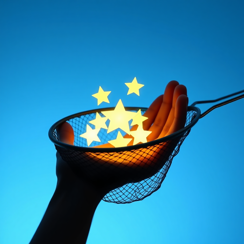 Create an image depicting a hand gently collecting glowing stars (representing positive reviews) in a digital net. The background is a soft, blue gradient. The image should convey a sense of ease and abundance. The style is modern and clean. Technical specs: 4K resolution.