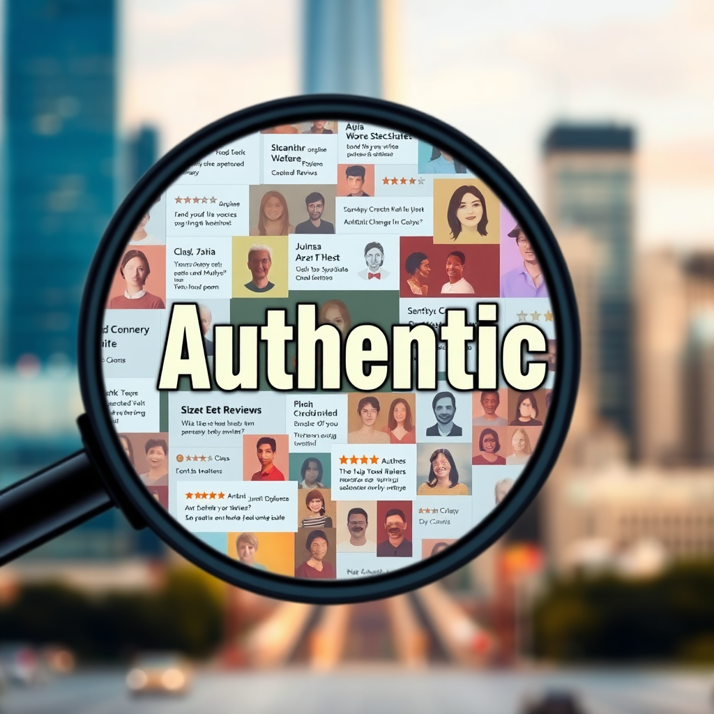 Create an image depicting a magnifying glass over a collection of online reviews, highlighting the word 'Authentic' in bold, vibrant letters. The reviews should appear diverse and genuine, showcasing a variety of voices and opinions. The background is a blurred cityscape, symbolizing the broader business landscape. The color palette is warm and inviting, emphasizing trust and transparency. Style: Clean, modern, and informative. Focus on clarity and readability. Technical specs: 4K resolution.