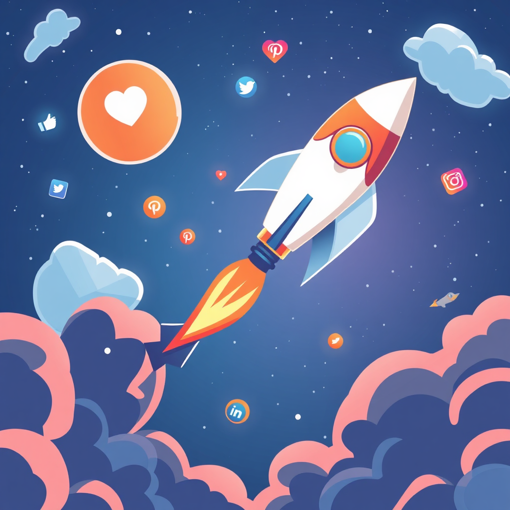 Create an image of a rocket launching into space, symbolizing rapid growth and expansion. The rocket is propelled by social media icons, representing the power of social media marketing. Style reference: Modern, futuristic design. Technical specs: 4K resolution, high quality, vector illustration.