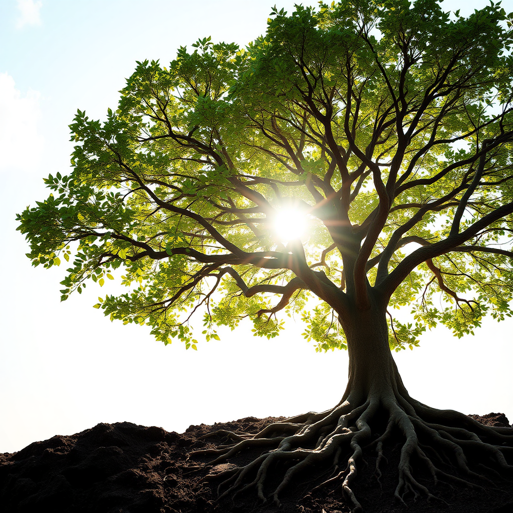 Create an image of a tree growing strong and tall, with roots representing the foundations of a successful business (reviews, trust, credibility). The tree is bathed in sunlight, symbolizing growth and prosperity. Style reference: Nature photography. Technical specs: 4K resolution, high quality, photo-realistic.