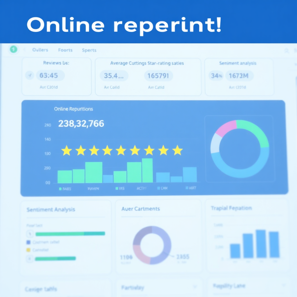 Create an image of a user-friendly dashboard displaying key metrics related to online reputation, such as review counts, average star rating, and sentiment analysis. The dashboard is clean, modern, and easy to understand. Use a professional color palette of blues, greens, and grays. The camera angle is a medium shot, focusing on the dashboard display.