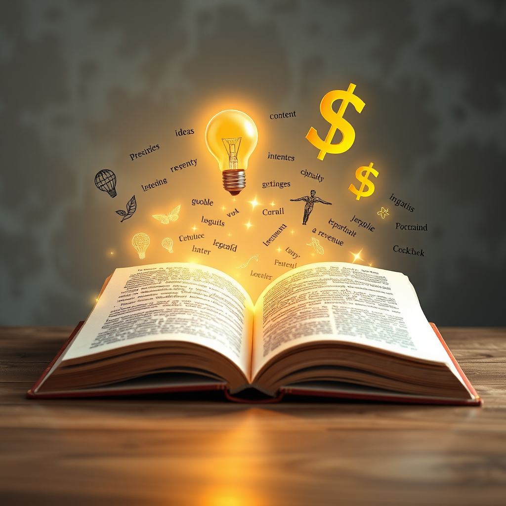 Create an image of an open book with words transforming into tangible objects representing the benefits of the content (e.g., a lightbulb for ideas, a dollar sign for revenue). The book should be illuminated with a warm, inviting light. Style reference: Magical realism. Technical specs: 4K resolution, high quality, photo-realistic.