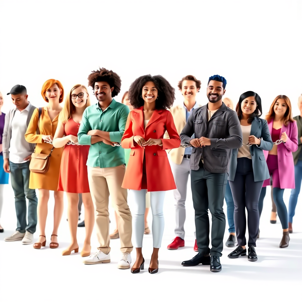 Depict a group of diverse people standing together, forming a chain of connection. Each person represents a loyal customer, and the chain symbolizes the power of word-of-mouth marketing. The background should be bright and positive. The style should be inclusive and welcoming. Technical specs: 4K resolution, high quality rendering.