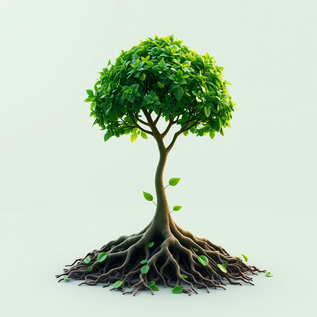 Depict a growing tree rooted in a foundation of data and customer feedback. The tree represents business growth, and the roots symbolize the importance of reputation analytics. The color palette should be natural and vibrant, emphasizing growth and sustainability. Technical specs: 4K resolution, high quality rendering.