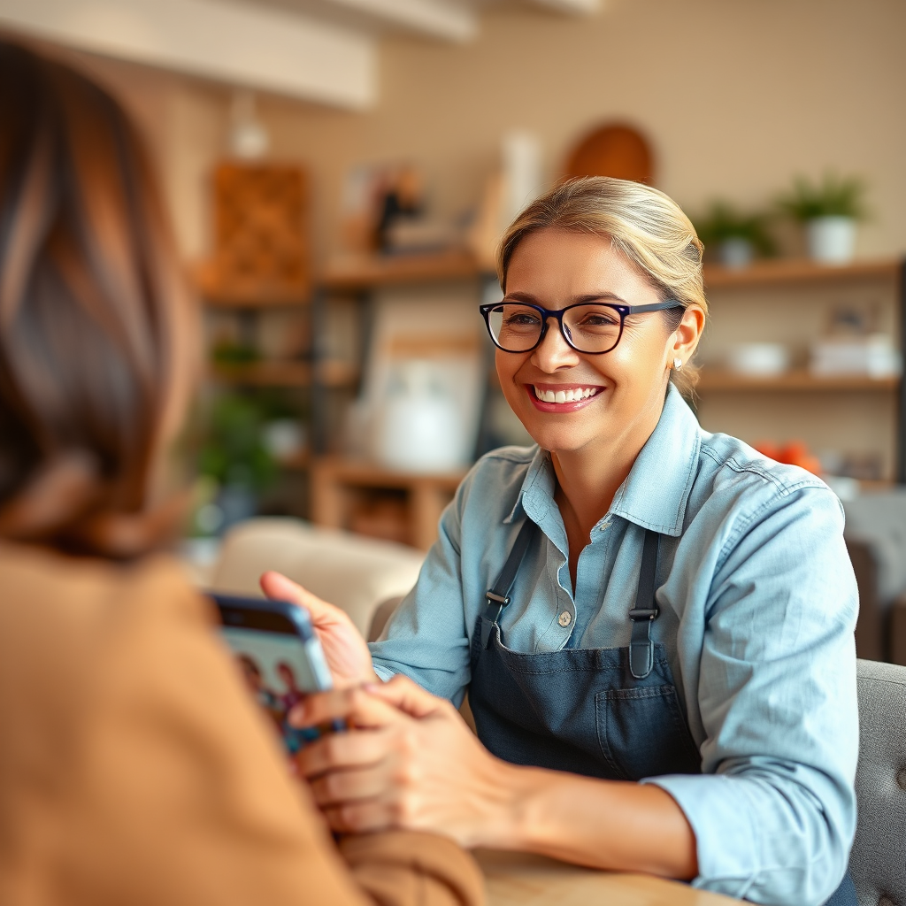 Depict a home service professional interacting with customers on social media. The scene is set in a friendly and approachable environment. The professional is smiling and engaging with followers. Use warm colors and a casual camera angle.