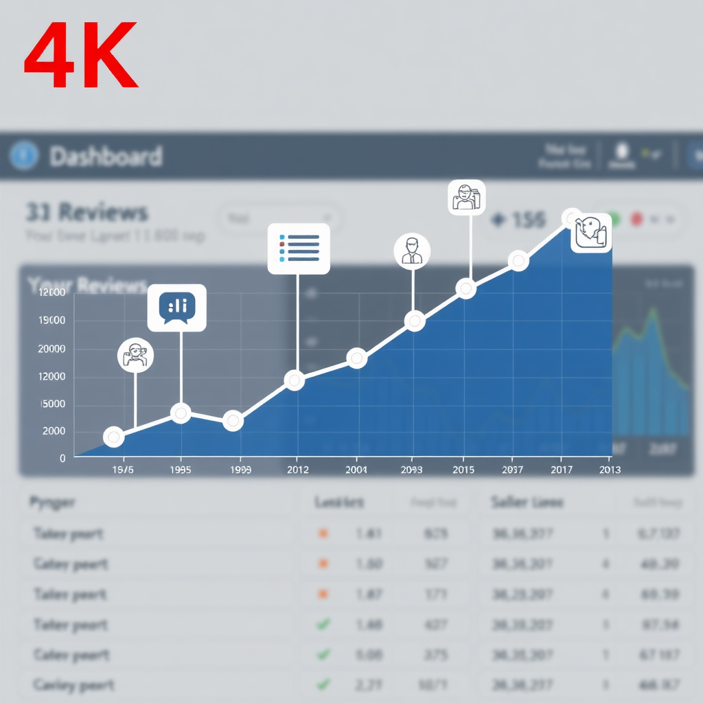 Depict a line graph trending upward, representing the growth of positive reviews. The x-axis represents time, and the y-axis represents the number of reviews. Overlay the graph with icons representing increased sales and customer engagement. The background is a clean, modern dashboard interface. The style is professional and data-driven. Technical Specs: 4K resolution, clear and legible graphics.