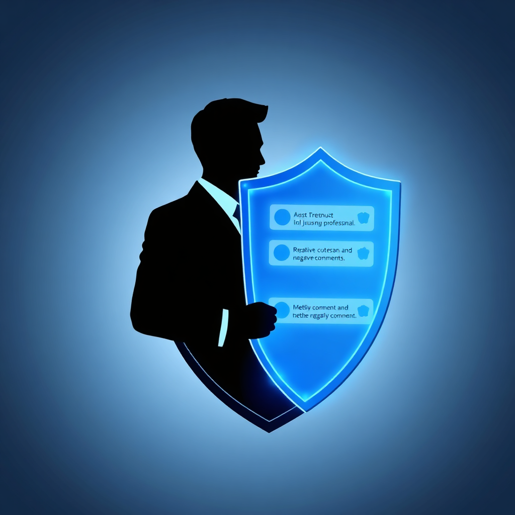 Depict a shield protecting a professional's silhouette from negative comments. The shield is glowing with a soft, blue light, representing protection and trust. Style reference: Modern graphic design. Technical specs: 4K resolution, high quality, vector illustration.