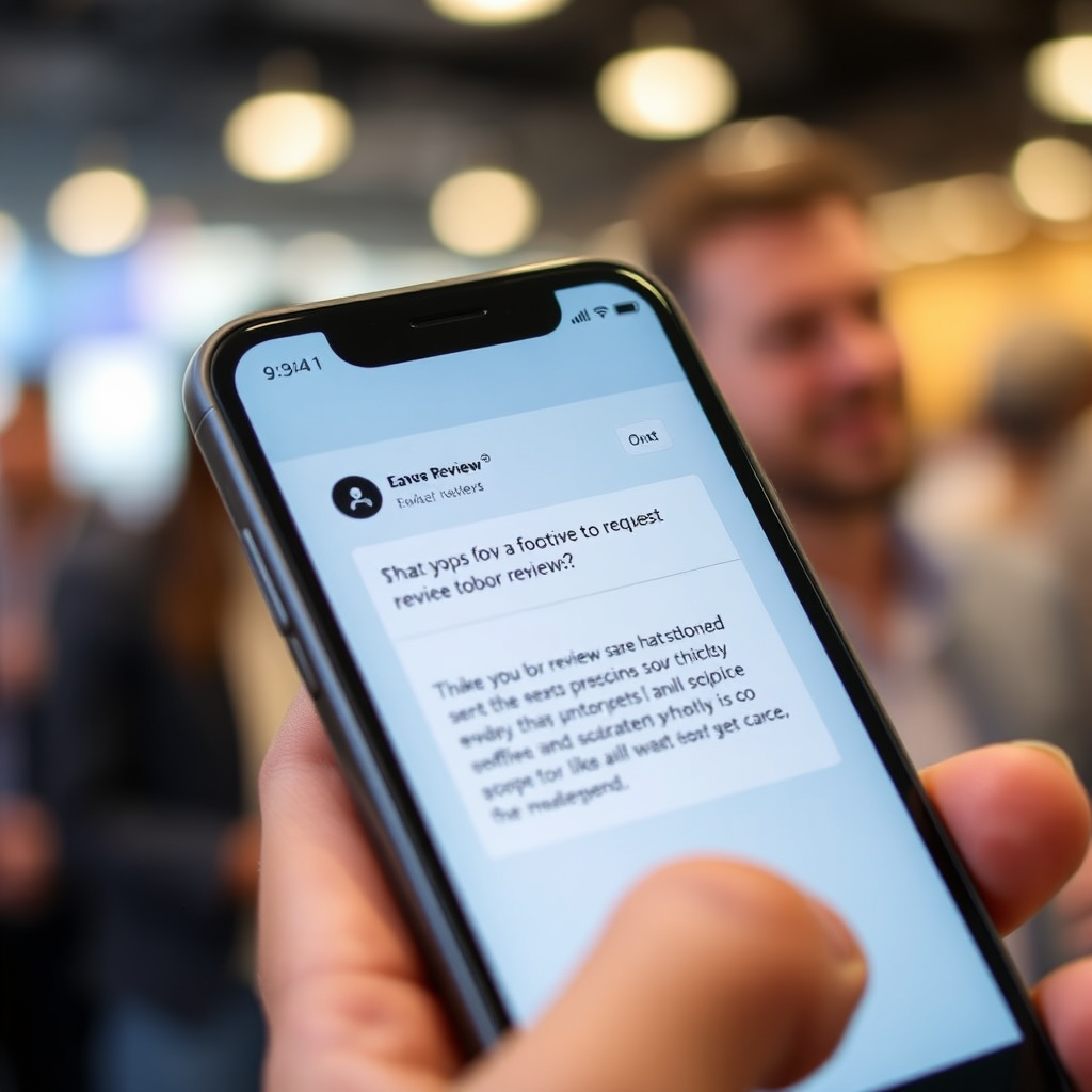 Depict a smartphone displaying a positive review request message sent to a satisfied customer. The phone screen is bright and clear, showcasing the simplicity and ease of leaving a review. The background is blurred, suggesting a busy but positive environment. Use a close-up, slightly angled shot to emphasize the phone screen.