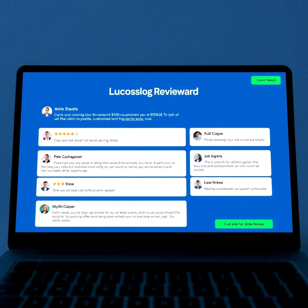 Generate an image showing a website interface with a live feed of positive customer reviews prominently displayed. The design should be modern and user-friendly. The color palette should use calm blues and greens. The camera angle is straight-on to the interface.