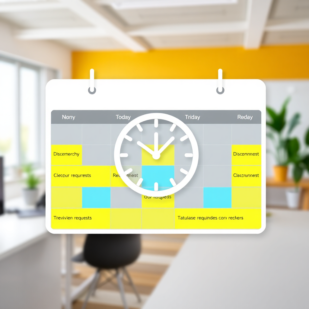 Illustrate a calendar with highlighted dates, representing automated reminders for review requests. The calendar is overlaid with a clock icon, symbolizing the timely nature of the follow-ups. The background is a bright and inviting workspace. The style is organized and efficient. Technical specs: 4K resolution.