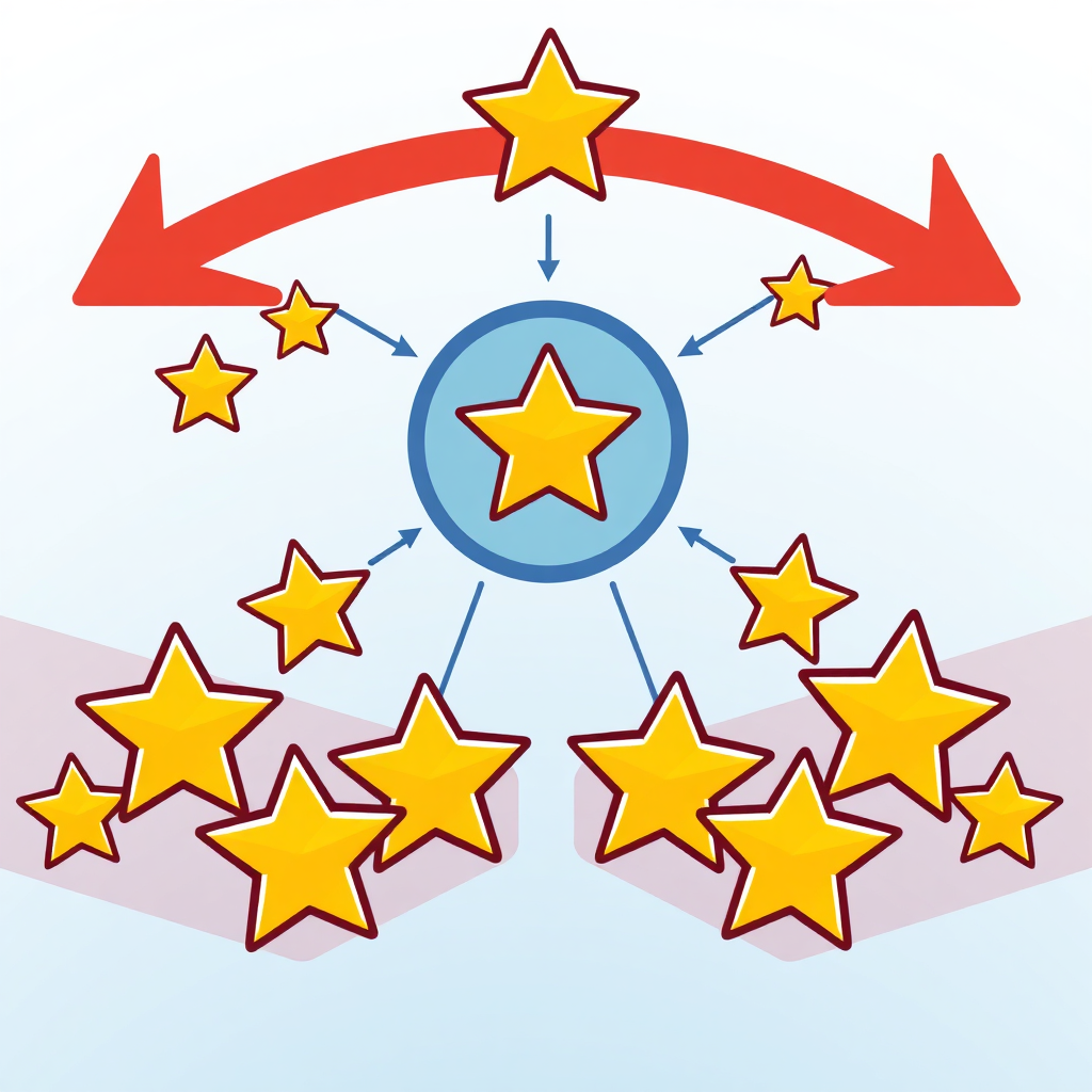 Illustrate a flow of stars (representing reviews) converging on a business logo. Arrows indicate the direction of the flow, emphasizing the strategic acquisition of reviews. The background is a gradient of blue and white, symbolizing clarity and growth. The style is modern and minimalist, focusing on conveying the concept of strategic direction. Technical Specs: 4K resolution, vector graphics.