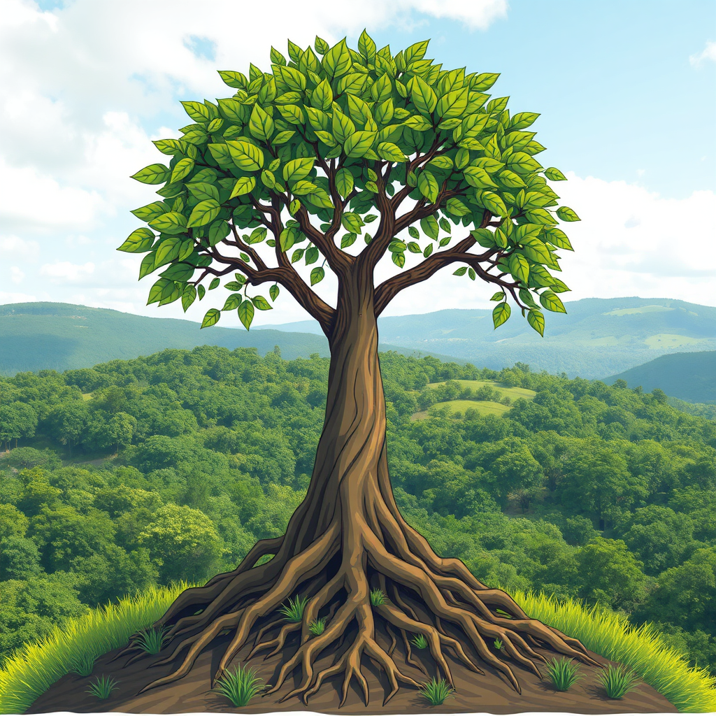 Illustrate a tree growing strong and tall, with roots representing the foundation of positive customer reviews. The leaves represent new customers, and the branches represent the business's expanding reach. The background is a lush and vibrant landscape, symbolizing growth and prosperity. The style is organic and sustainable. Technical specs: 4K resolution.