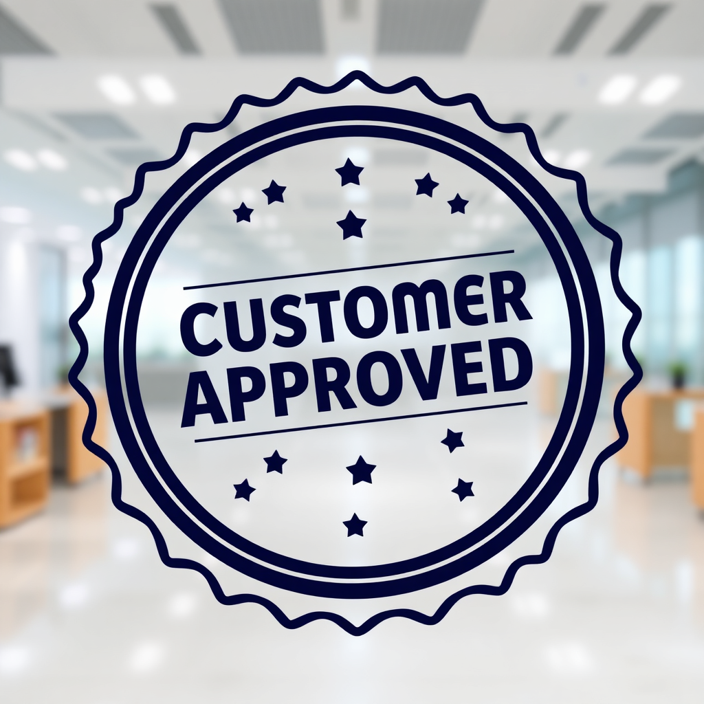 Show a badge or seal of approval, stamped with the words 'Customer Approved'. The badge is surrounded by glowing testimonials, further reinforcing the message of trust and credibility. The background is a clean and professional setting. The style is authoritative and trustworthy. Technical specs: 4K resolution.