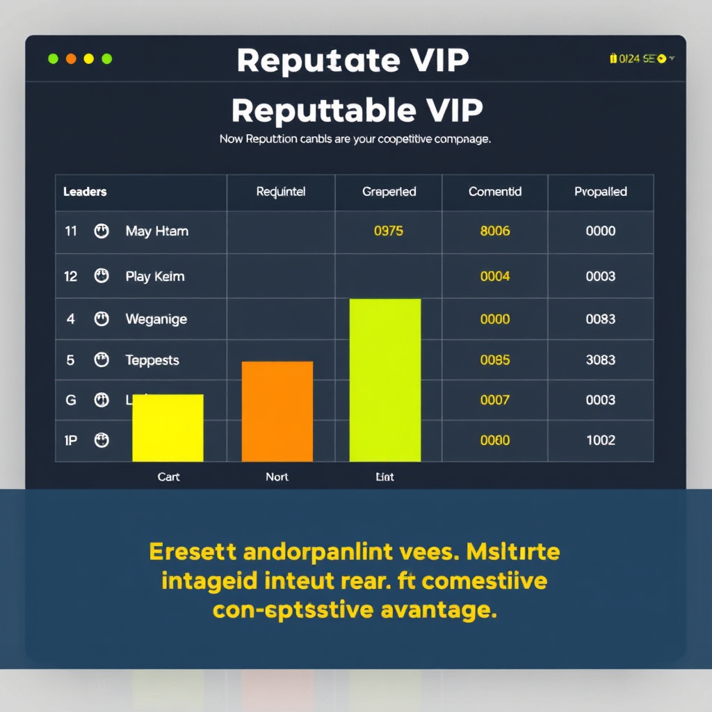 Show a leaderboard comparing the reputation scores of several companies. Highlight the company using Reputable VIP's services, showcasing their competitive advantage. The style should be professional and competitive. Technical specs: 4K resolution, high quality rendering.