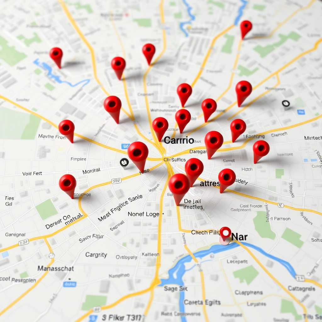 Show a map of a city with pins marking the locations of home service businesses. Highlighted pins represent businesses that are optimized for local search. Use bright colors to draw attention to the optimized businesses. The camera angle is an overhead view of the map.
