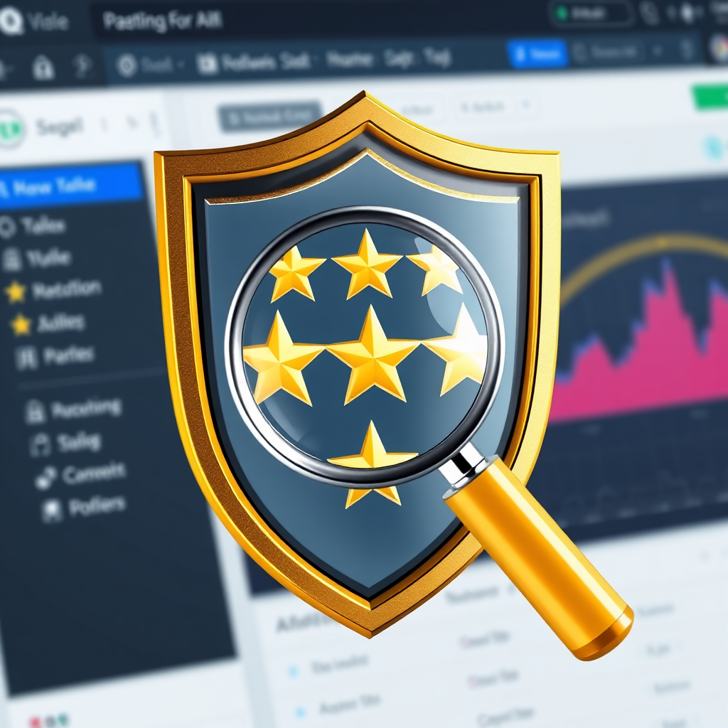 Show a shield with a magnifying glass inspecting a series of stars (reviews). The shield symbolizes protection and careful monitoring. The background is a clean, professional dashboard interface. The style is modern and secure. Technical specs: 4K resolution.